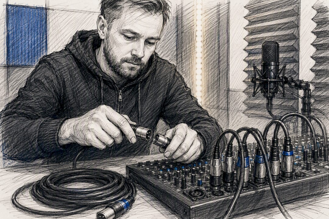 Käed ühendamas podcasti helikaableid