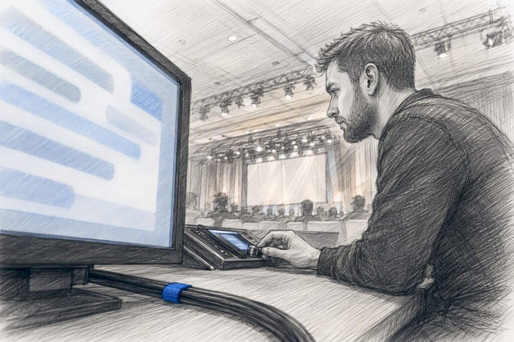 Illustratsioon tehnikust, kes jälgib ekraani ja kasutab juhtpulti saalis